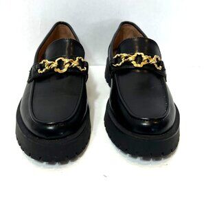 Sam & Libby Black Leather Loafers with Gold Chain Accent